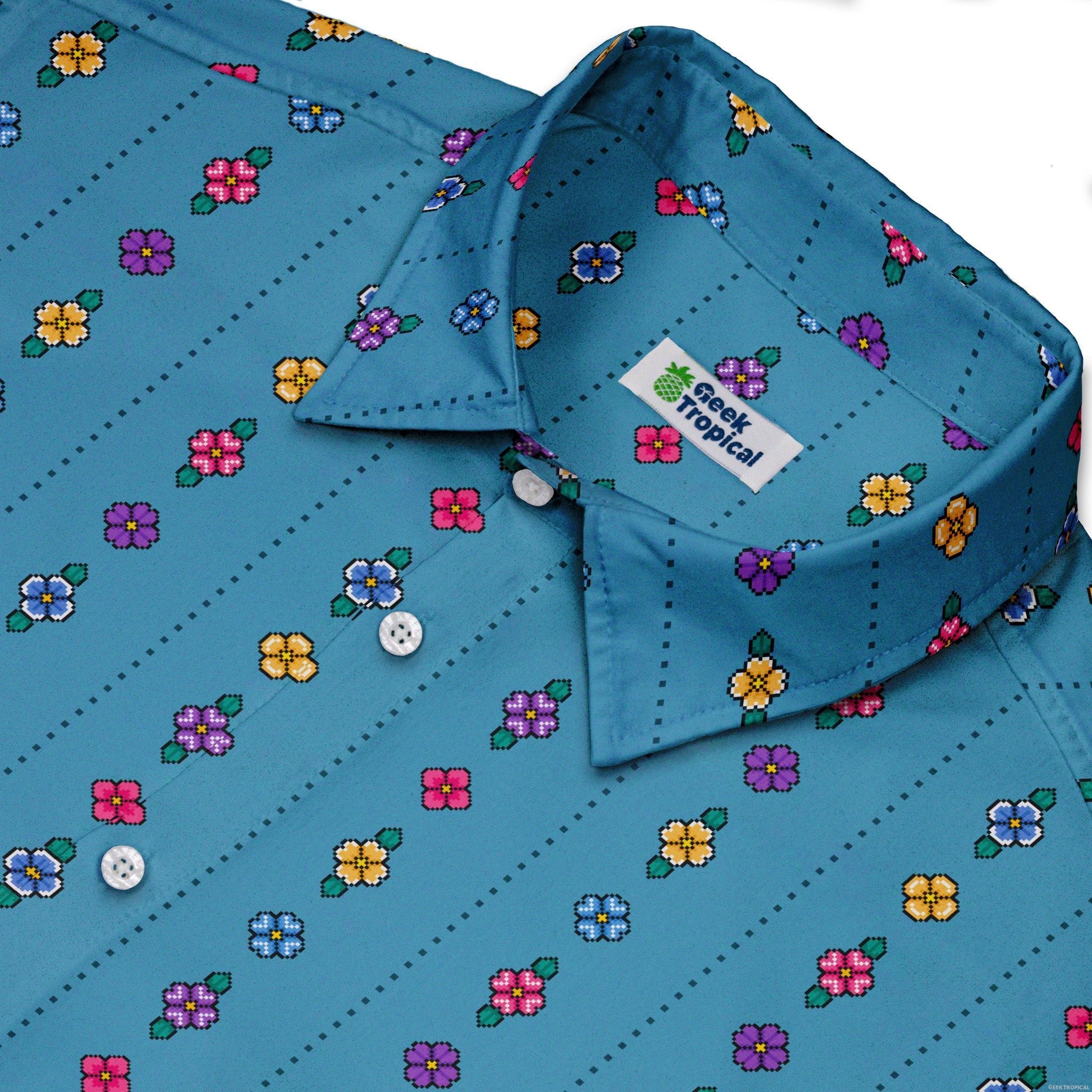 Arcade Pixel Flowers Button Up Shirt - adult sizing - Design by Dunking Toast - Simple Patterns