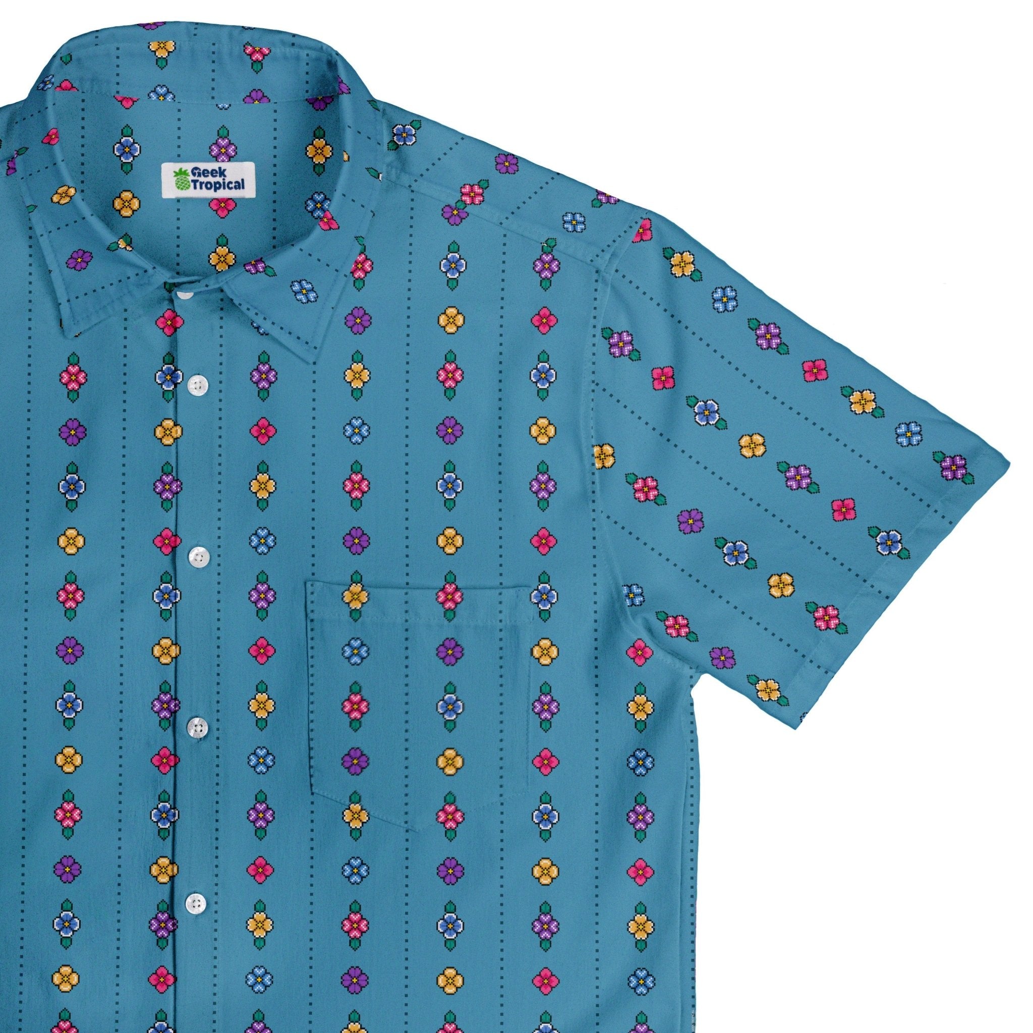Arcade Pixel Flowers Button Up Shirt - adult sizing - Design by Dunking Toast - Simple Patterns