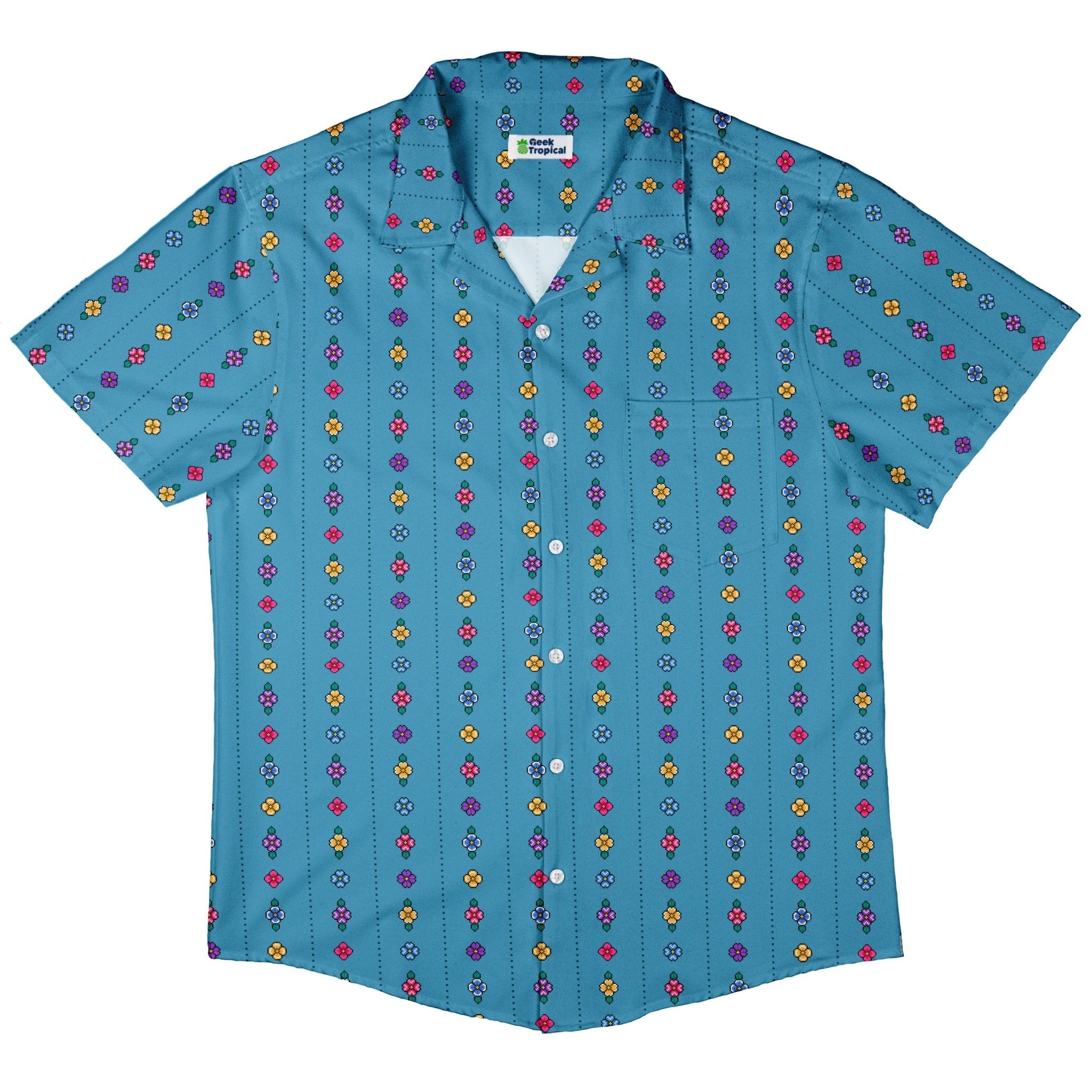 Arcade Pixel Flowers Button Up Shirt - adult sizing - Design by Dunking Toast - Simple Patterns