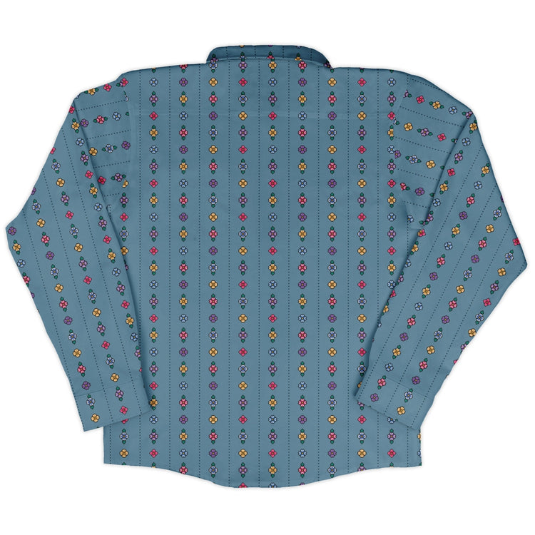 Arcade Pixel Flowers Long Sleeve Button Up Shirt Geek Nerd adult sizing Design by Dunking Toast FLOW DESC WRITING