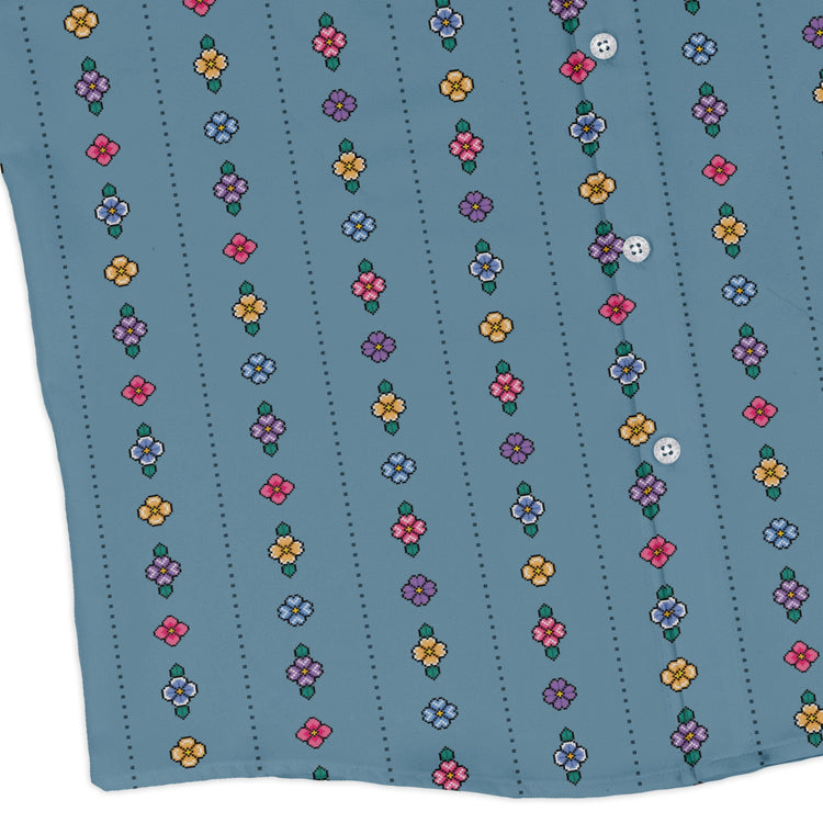 Arcade Pixel Flowers Long Sleeve Button Up Shirt Geek Nerd adult sizing Design by Dunking Toast FLOW DESC WRITING