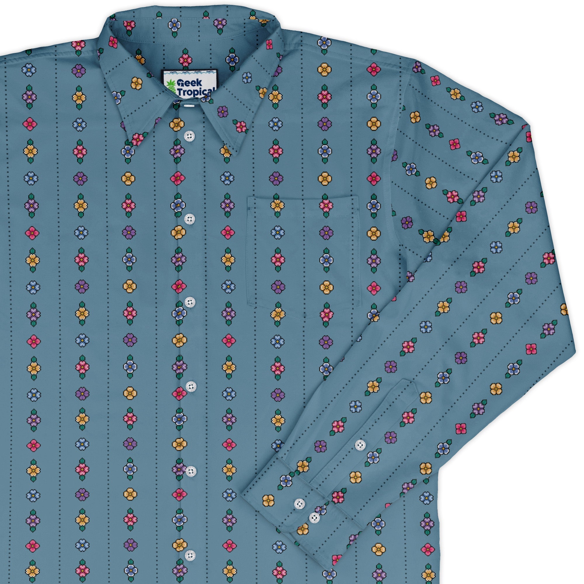 Arcade Pixel Flowers Long Sleeve Button Up Shirt