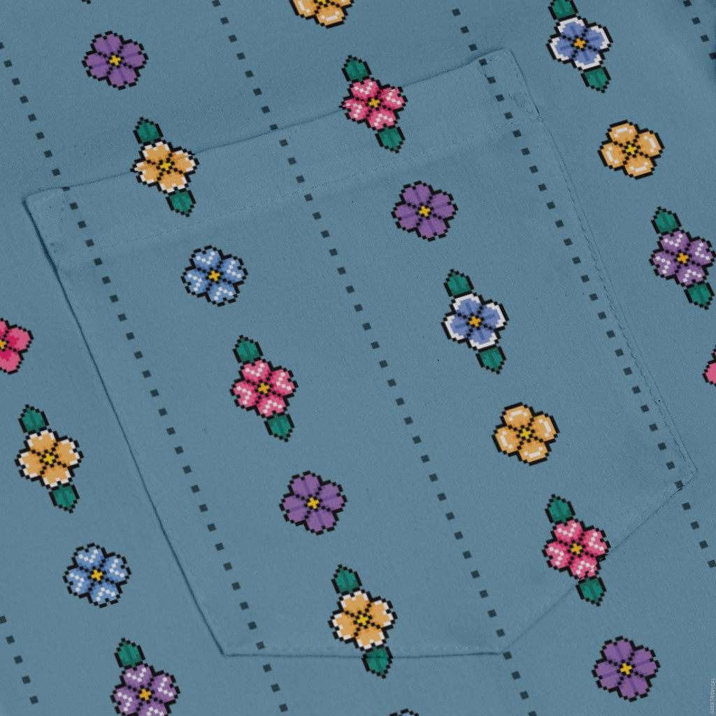 Arcade Pixel Flowers Long Sleeve Button Up Shirt