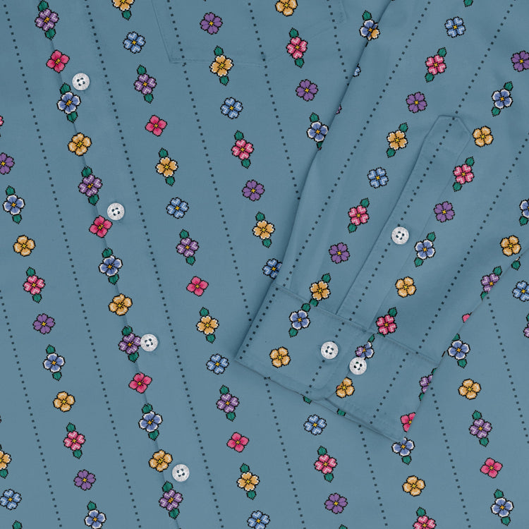 Arcade Pixel Flowers Long Sleeve Button Up Shirt Geek Nerd adult sizing Design by Dunking Toast FLOW DESC WRITING