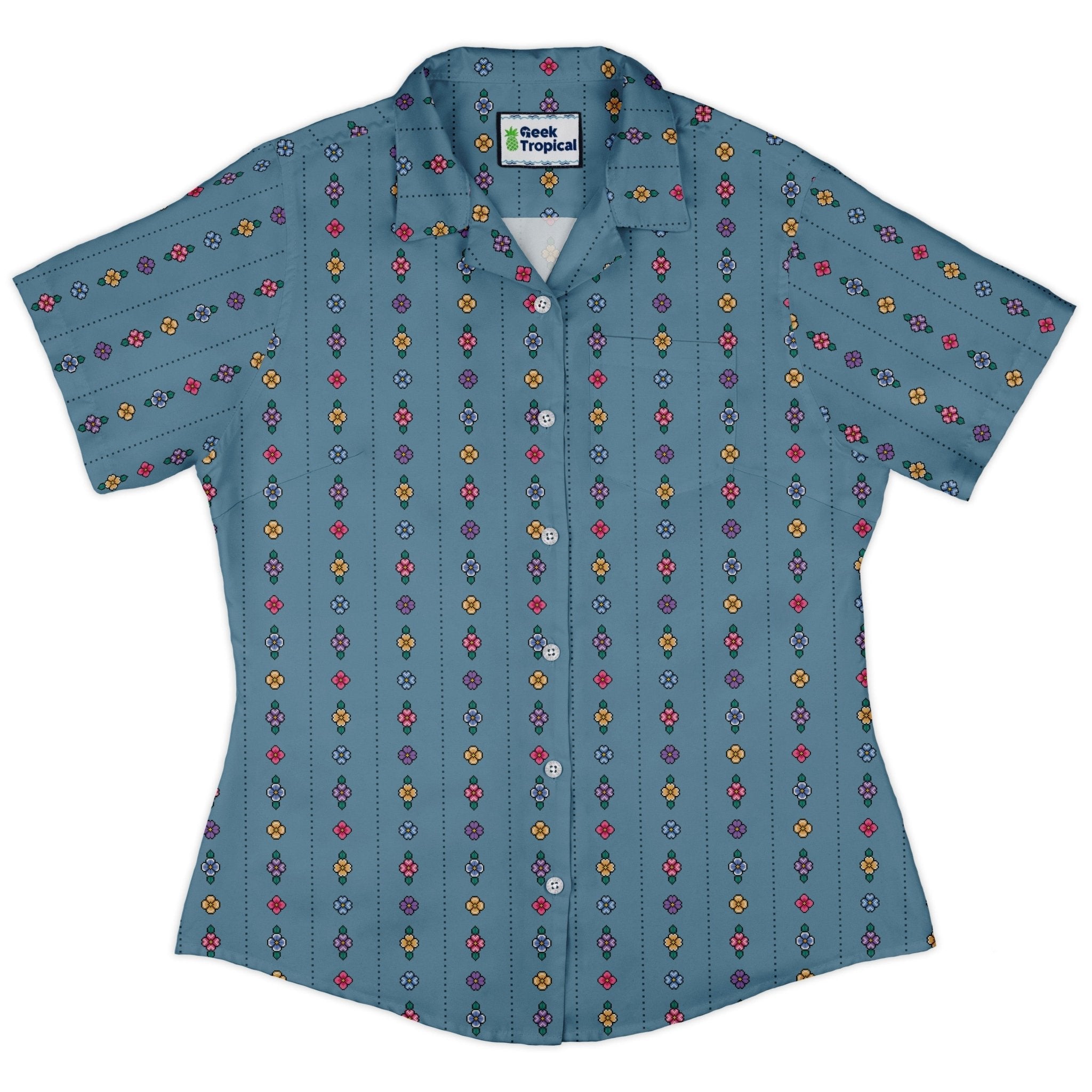 Arcade Pixel Flowers Curvy Button Up Shirt Geek Nerd Design by Dunking Toast Simple Patterns Tropical Hawaiian Patterns