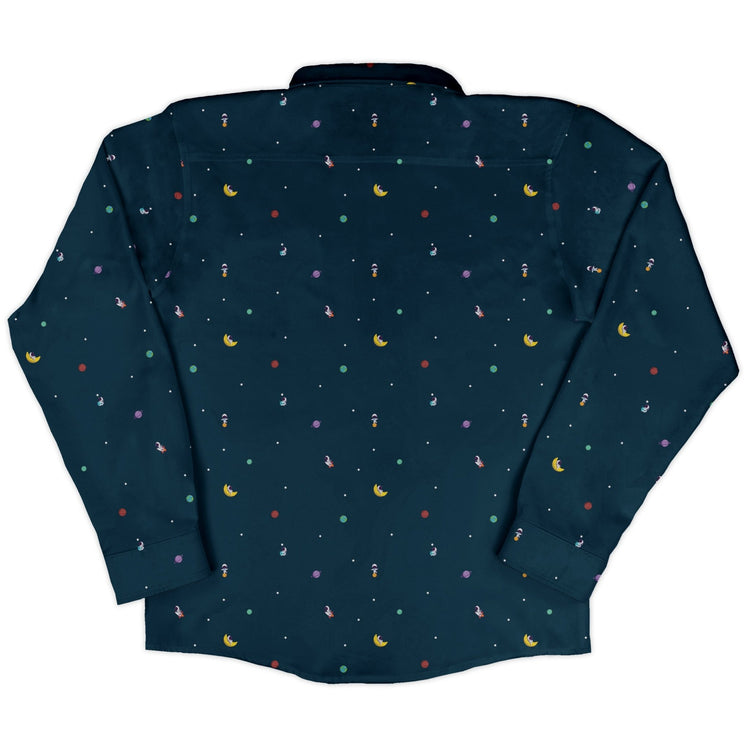 Astro Boy Space Long Sleeve Button Up Shirt Geek Nerd adult sizing FLOW DESC WRITING outer space & astronaut print