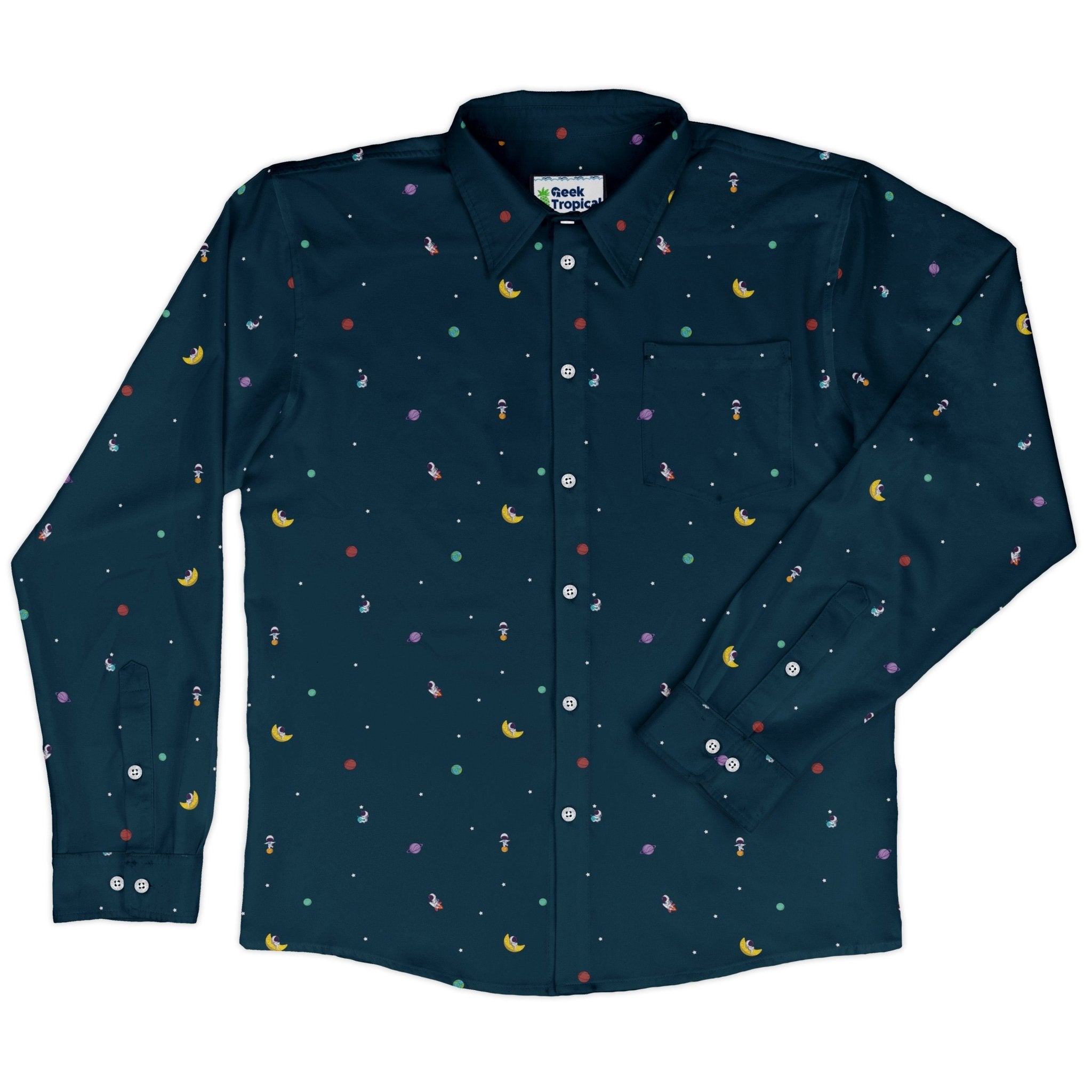 Astro Boy Space Long Sleeve Button Up Shirt Geek Nerd adult sizing FLOW DESC WRITING outer space & astronaut print