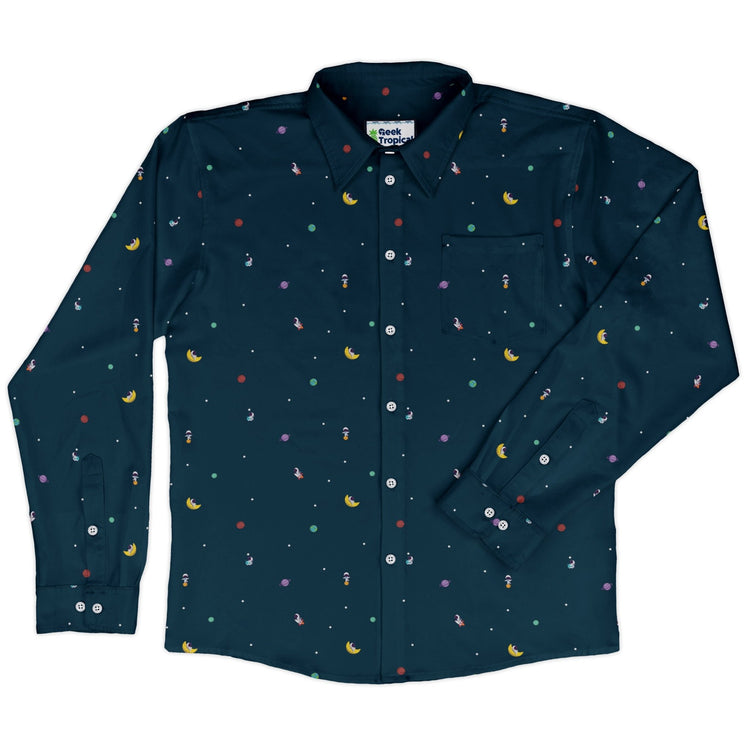 Astro Boy Space Long Sleeve Button Up Shirt Geek Nerd adult sizing FLOW DESC WRITING outer space & astronaut print