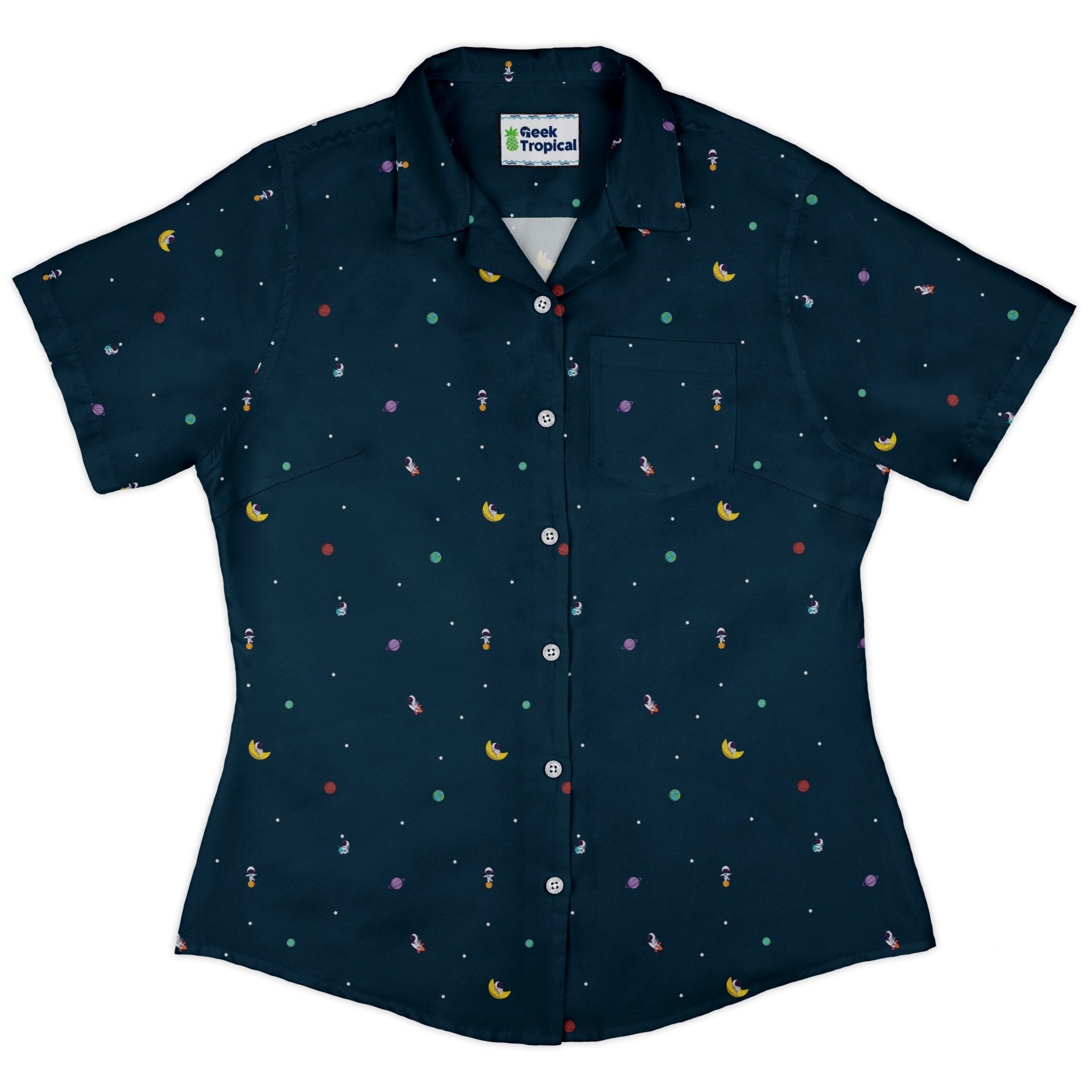 Astro Boy Space Curvy Button Up Shirt Geek Nerd outer space & astronaut print Simple Patterns women