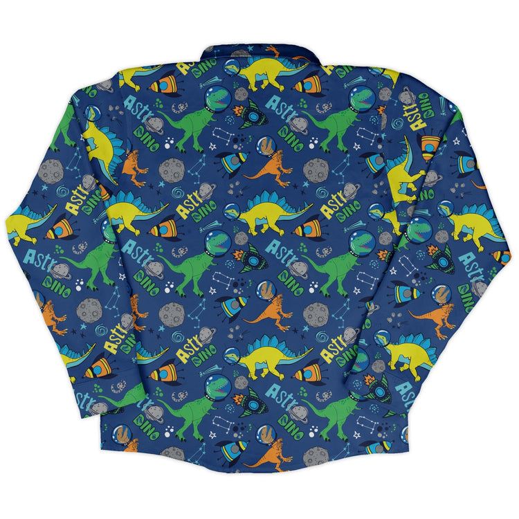 Astro Dino Dinosaur Outer Space Blue Long Sleeve Button Up Shirt Geek Nerd adult sizing dinosaur print FLOW DESC WRITING