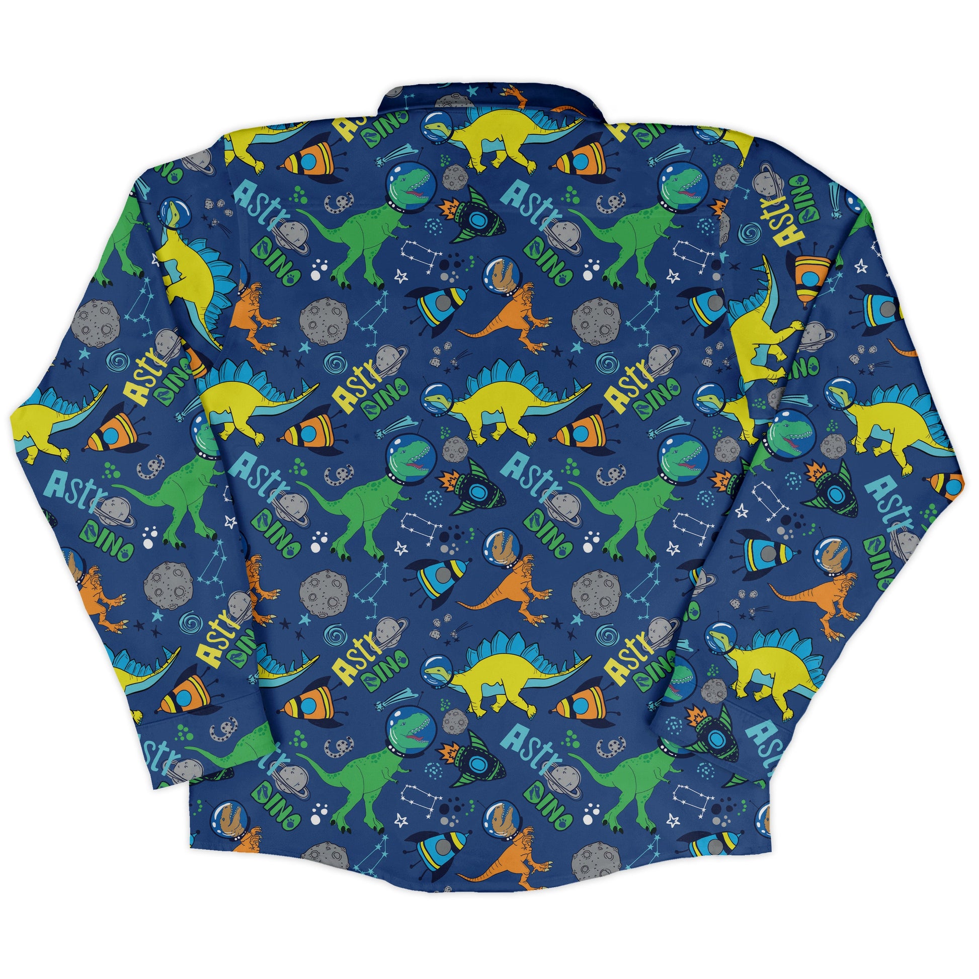 Astro Dino Dinosaur Outer Space Blue Long Sleeve Button Up Shirt