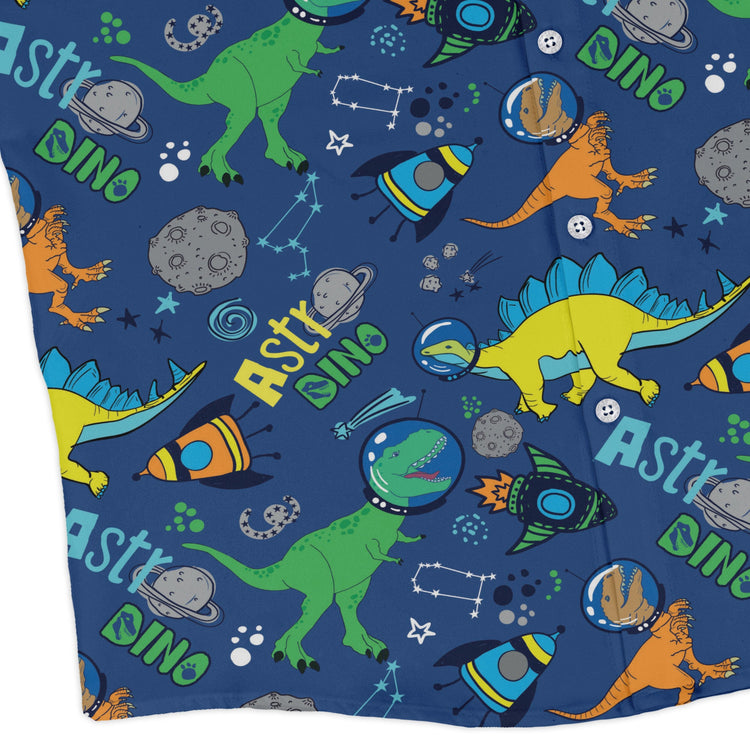 Astro Dino Dinosaur Outer Space Blue Long Sleeve Button Up Shirt Geek Nerd adult sizing dinosaur print FLOW DESC WRITING