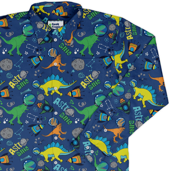 Astro Dino Dinosaur Outer Space Blue Long Sleeve Button Up Shirt Geek Nerd adult sizing dinosaur print FLOW DESC WRITING