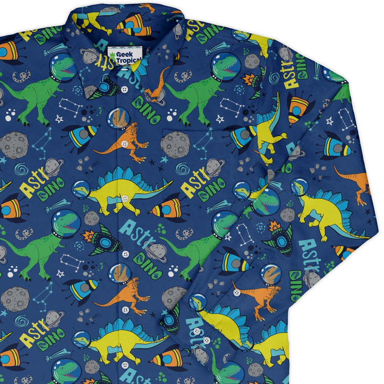 Astro Dino Dinosaur Outer Space Blue Long Sleeve Button Up Shirt Geek Nerd adult sizing dinosaur print FLOW DESC WRITING