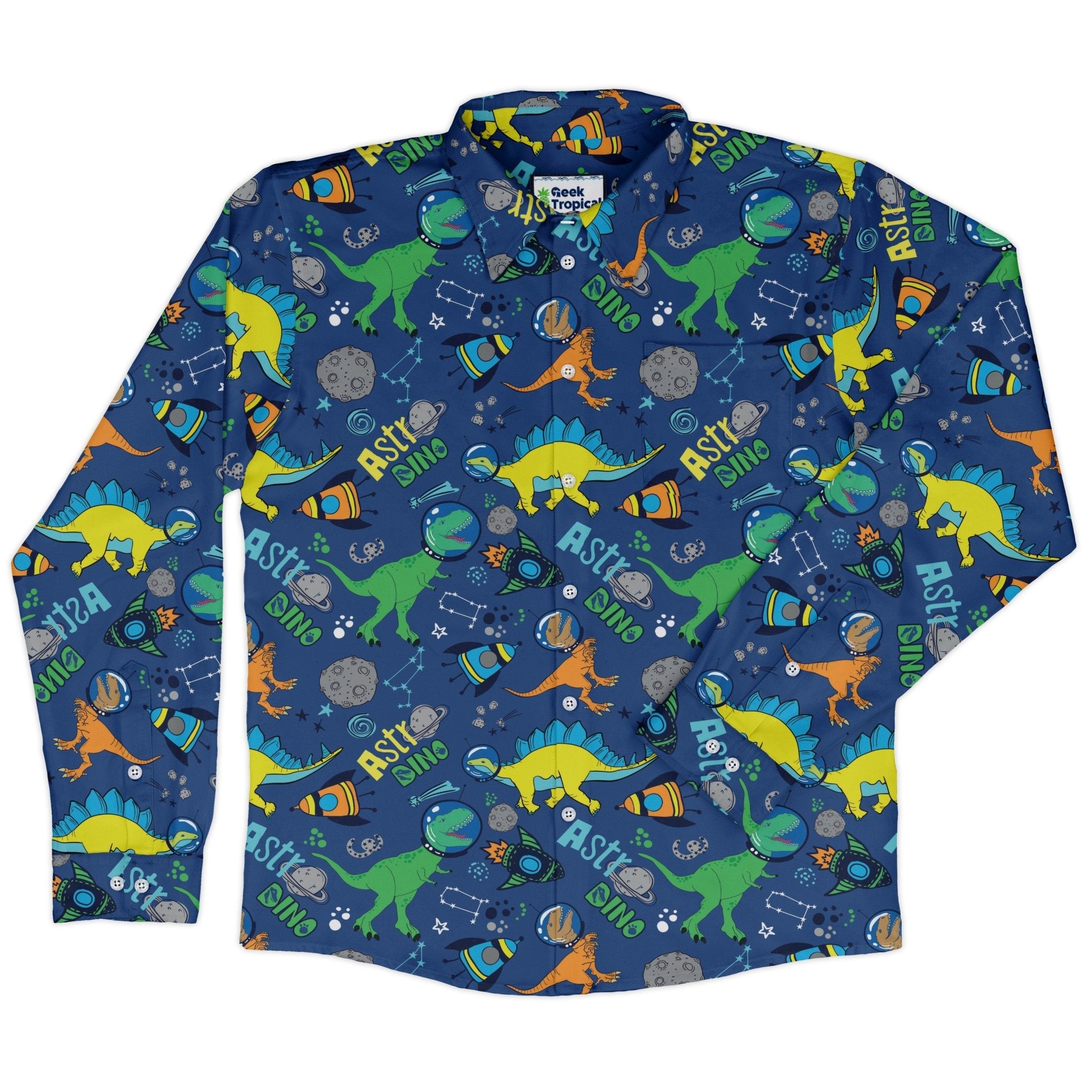 Astro Dino Dinosaur Outer Space Blue Long Sleeve Button Up Shirt Geek Nerd adult sizing dinosaur print FLOW DESC WRITING