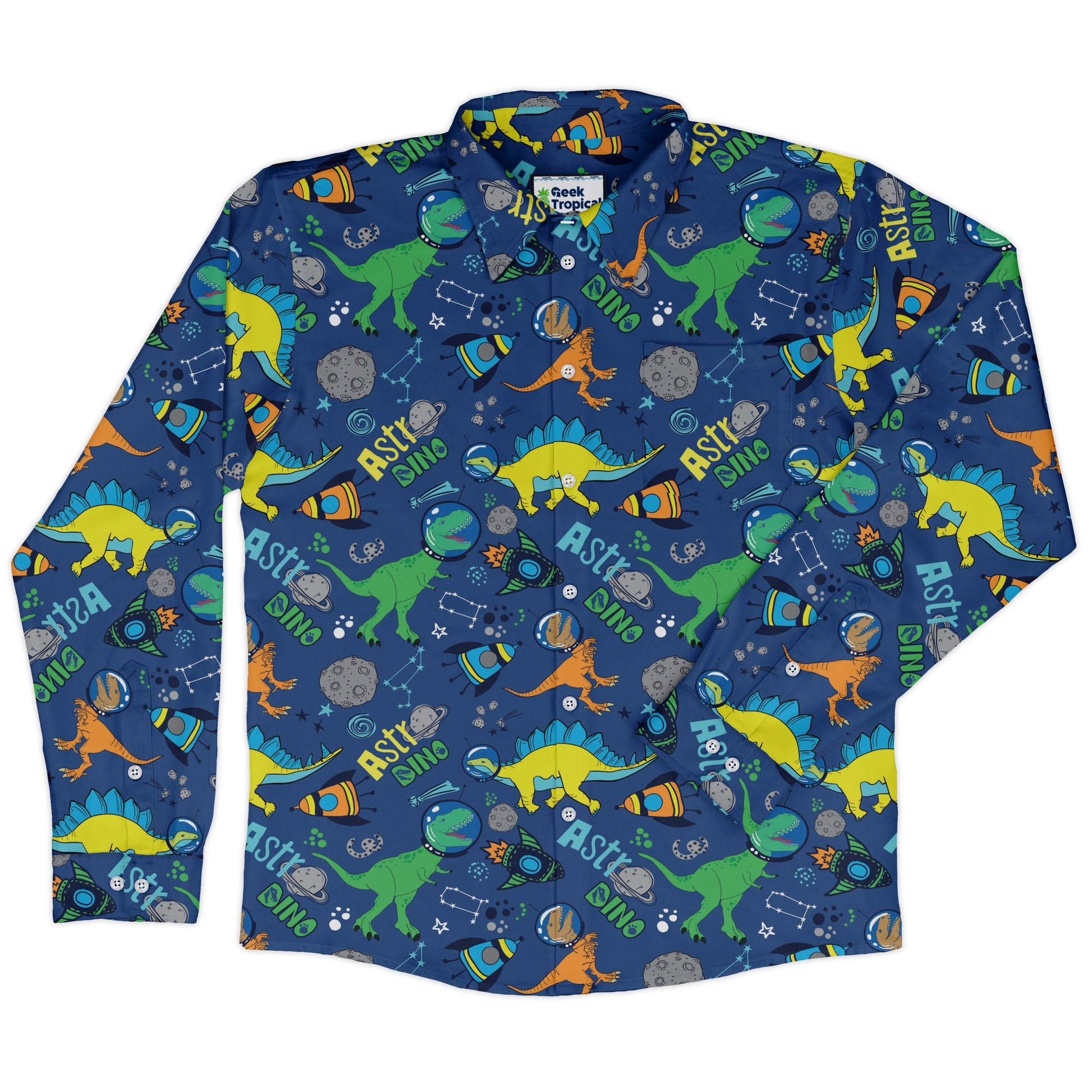 Astro Dino Dinosaur Outer Space Blue Long Sleeve Button Up Shirt