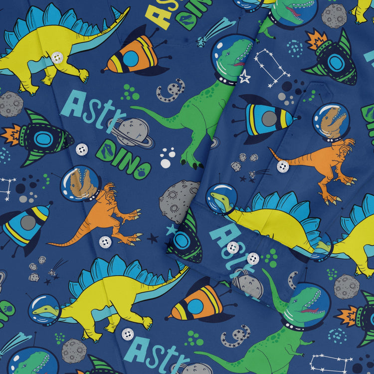 Astro Dino Dinosaur Outer Space Blue Long Sleeve Button Up Shirt Geek Nerd adult sizing dinosaur print FLOW DESC WRITING