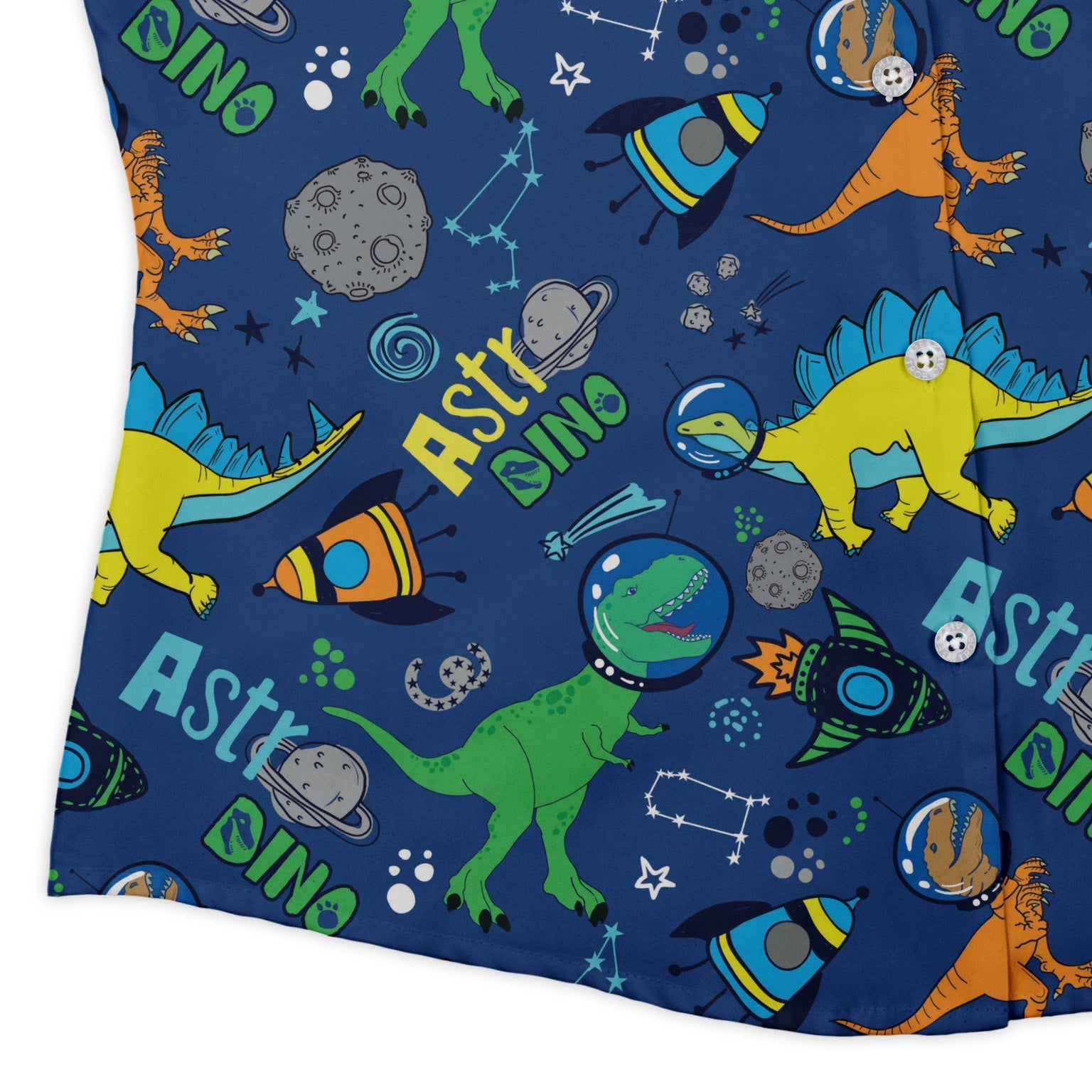 Astro Dino Dinosaur Outer Space Blue Curvy Button Up Shirt Geek Nerd dinosaur print Maximalist Patterns outer space & astronaut print