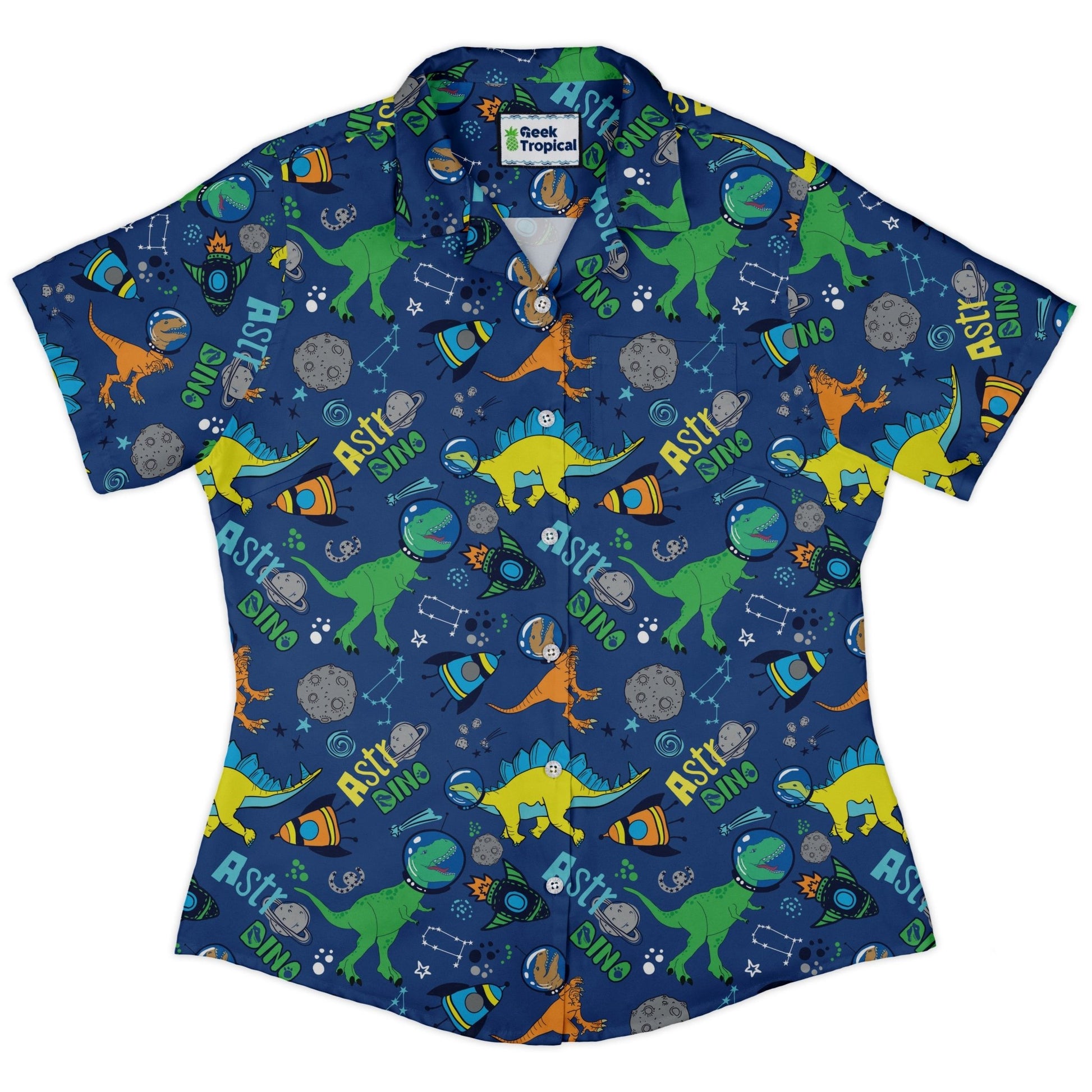 Astro Dino Dinosaur Outer Space Blue Curvy Button Up Shirt Geek Nerd dinosaur print Maximalist Patterns outer space & astronaut print