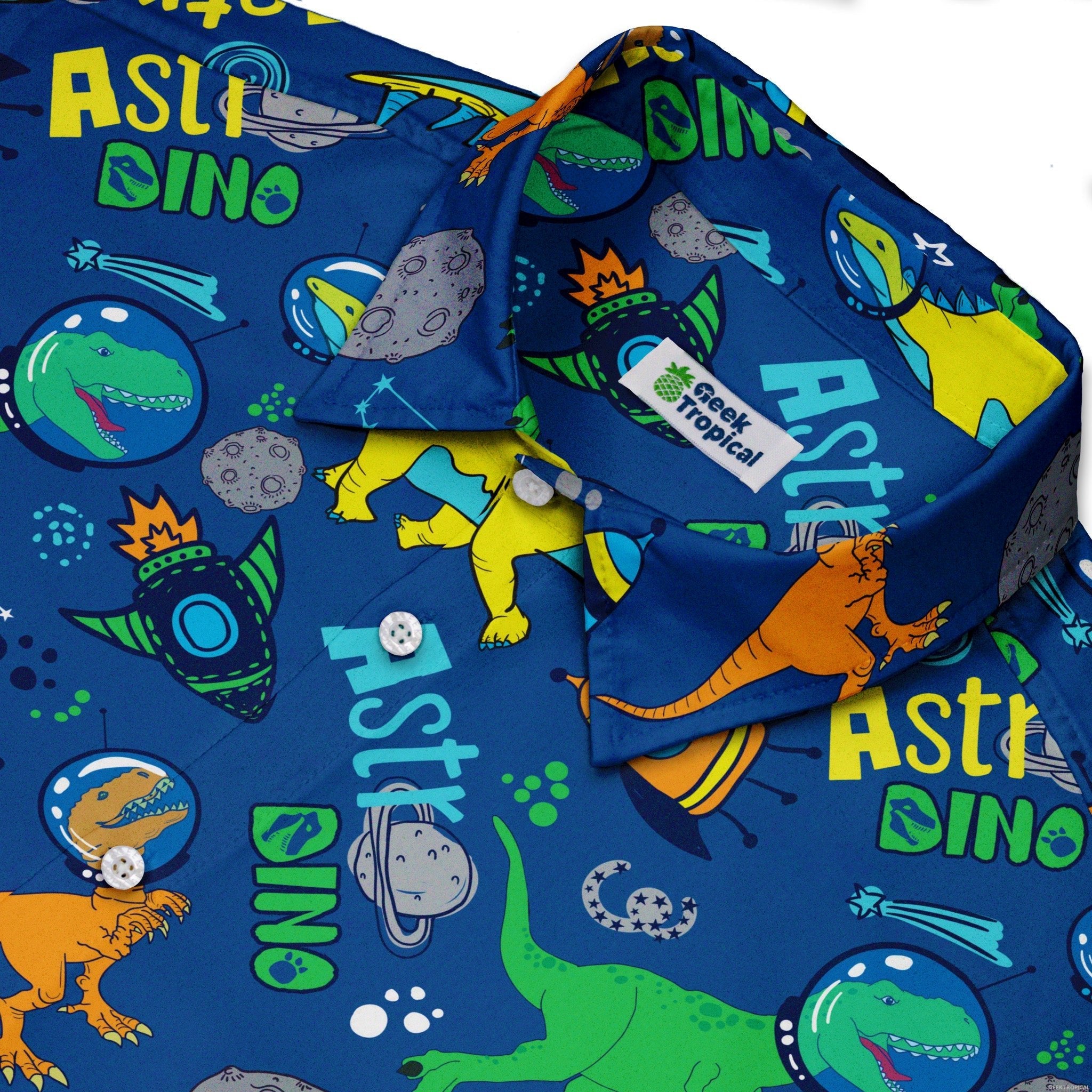 Astro Dino Dinosaur Outer Space Blue Button Up Shirt - adult sizing - dinosaur print - Maximalist Patterns