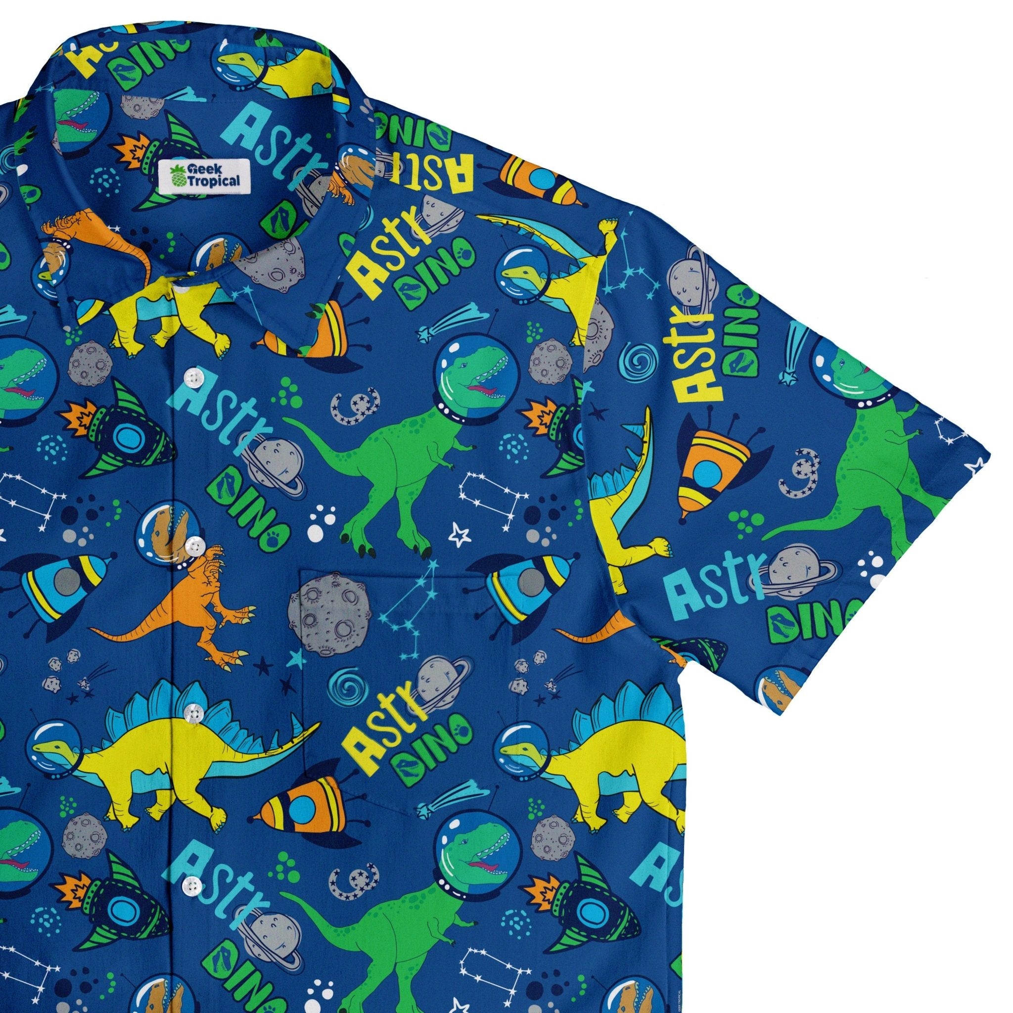 Astro Dino Dinosaur Outer Space Blue Button Up Shirt - adult sizing - dinosaur print - Maximalist Patterns