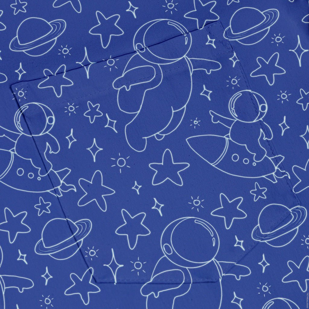 Astro Space Explorer Button Up Shirt Geek Nerd adult sizing Design by Julie Kitzes outer space & astronaut print
