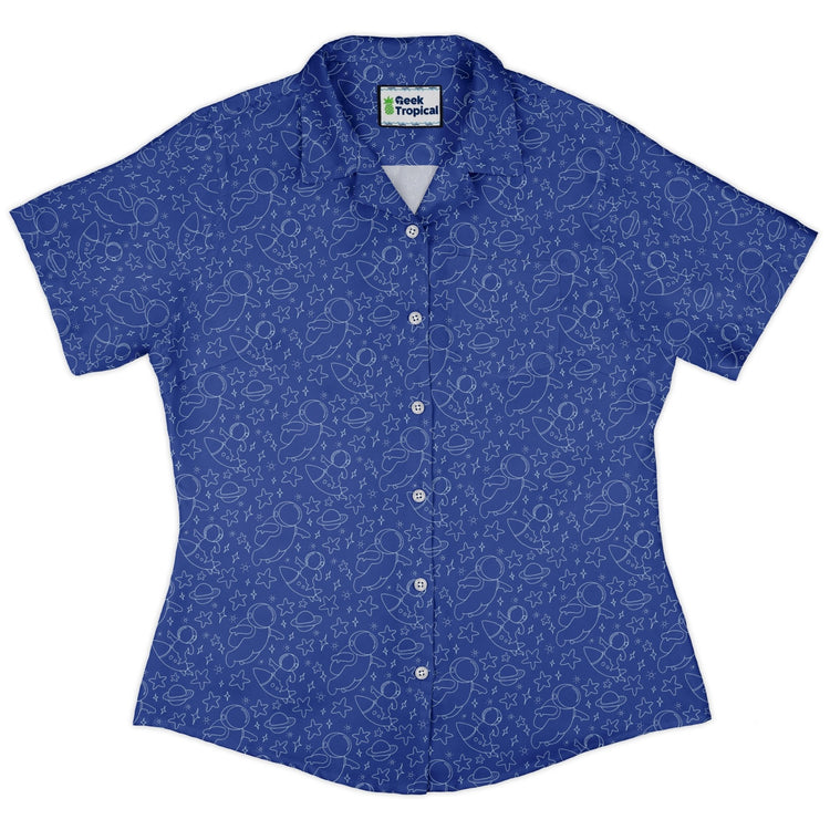 Astro Space Explorer Curvy Button Up Shirt Geek Nerd Design by Julie Kitzes outer space & astronaut print q225