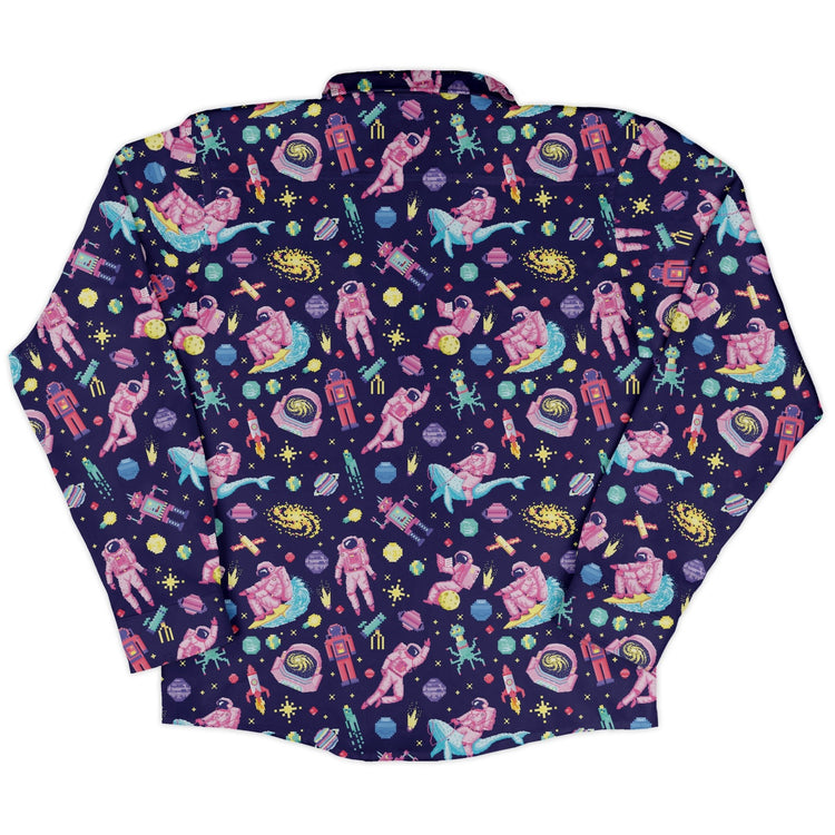 Astronaut Pixels Outer Space Purple Blue Long Sleeve Button Up Shirt Geek Nerd adult sizing Animal Patterns FLOW DESC WRITING