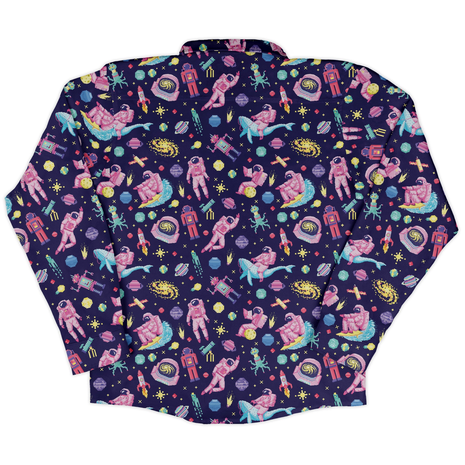 Astronaut Pixels Outer Space Purple Blue Long Sleeve Button Up Shirt