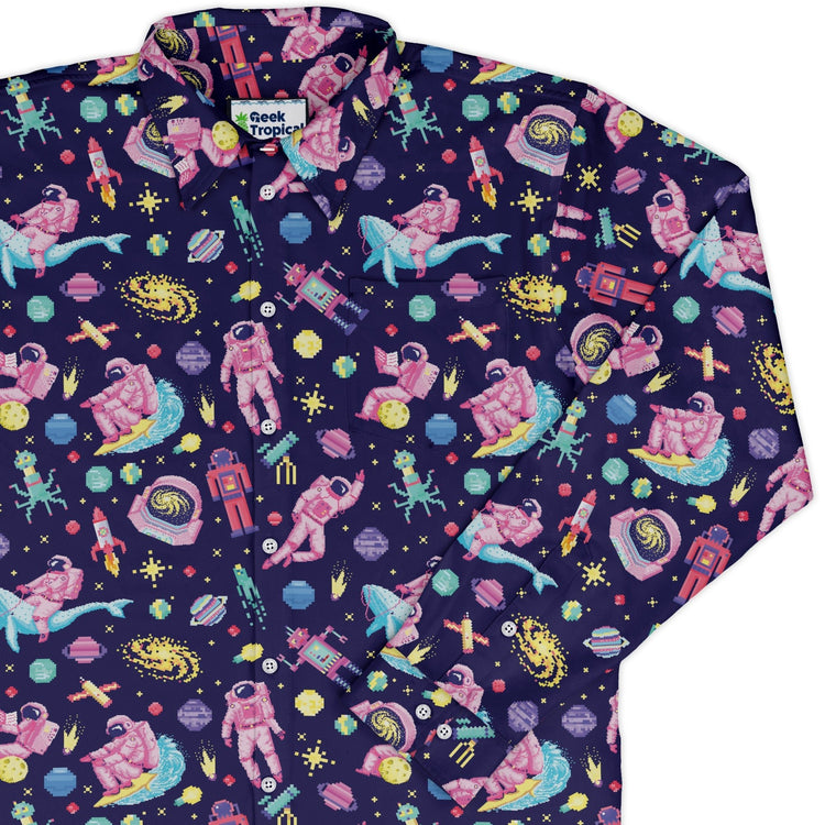 Astronaut Pixels Outer Space Purple Blue Long Sleeve Button Up Shirt Geek Nerd adult sizing Animal Patterns FLOW DESC WRITING