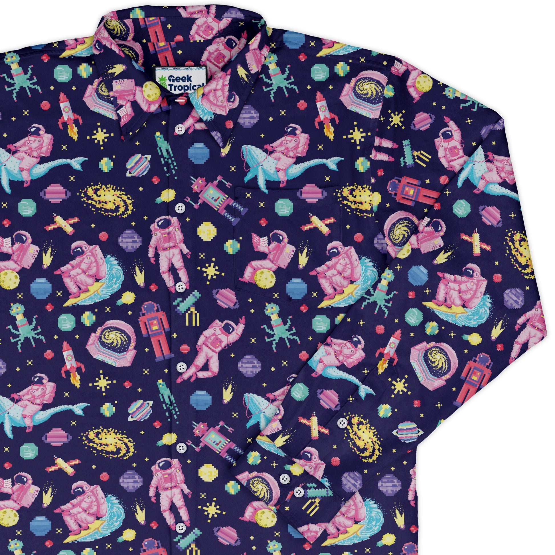 Astronaut Pixels Outer Space Purple Blue Long Sleeve Button Up Shirt