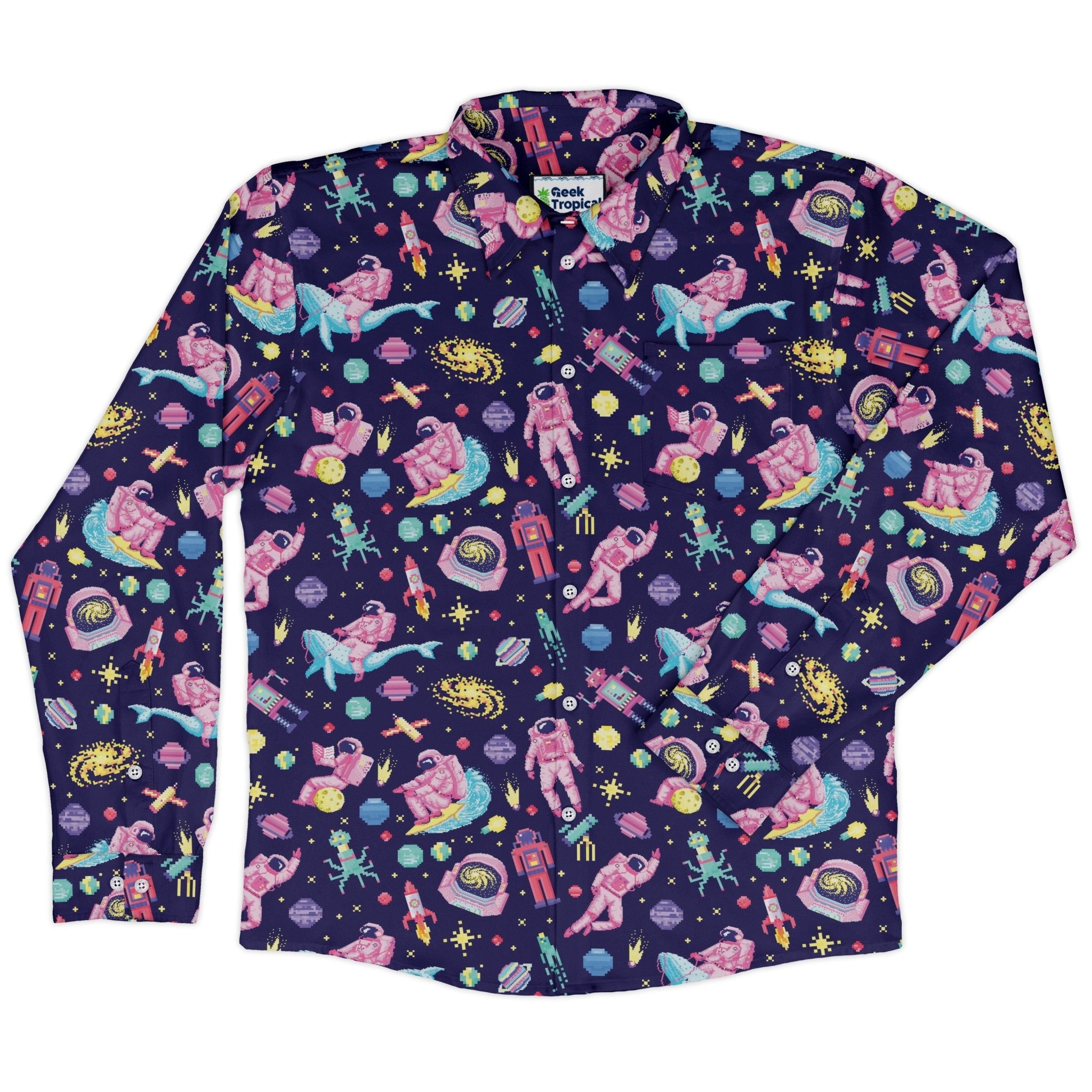 Astronaut Pixels Outer Space Purple Blue Long Sleeve Button Up Shirt Geek Nerd adult sizing Animal Patterns FLOW DESC WRITING
