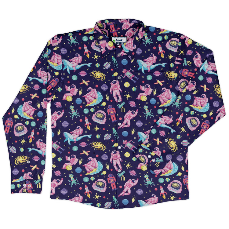 Astronaut Pixels Outer Space Purple Blue Long Sleeve Button Up Shirt Geek Nerd adult sizing Animal Patterns FLOW DESC WRITING