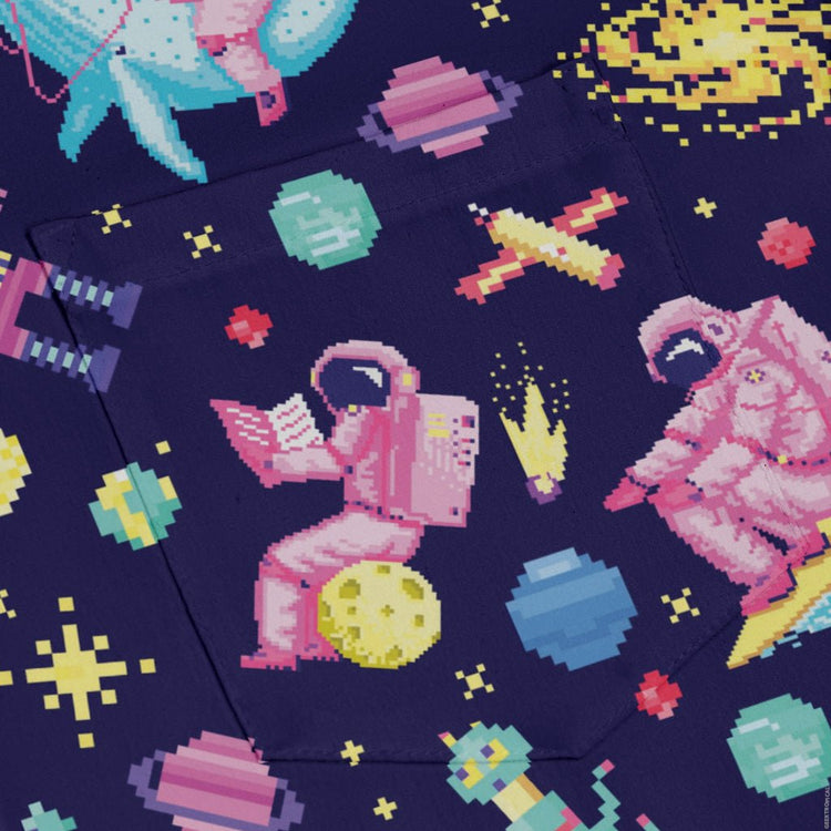 Astronaut Pixels Outer Space Purple Blue Long Sleeve Button Up Shirt Geek Nerd adult sizing Animal Patterns FLOW DESC WRITING
