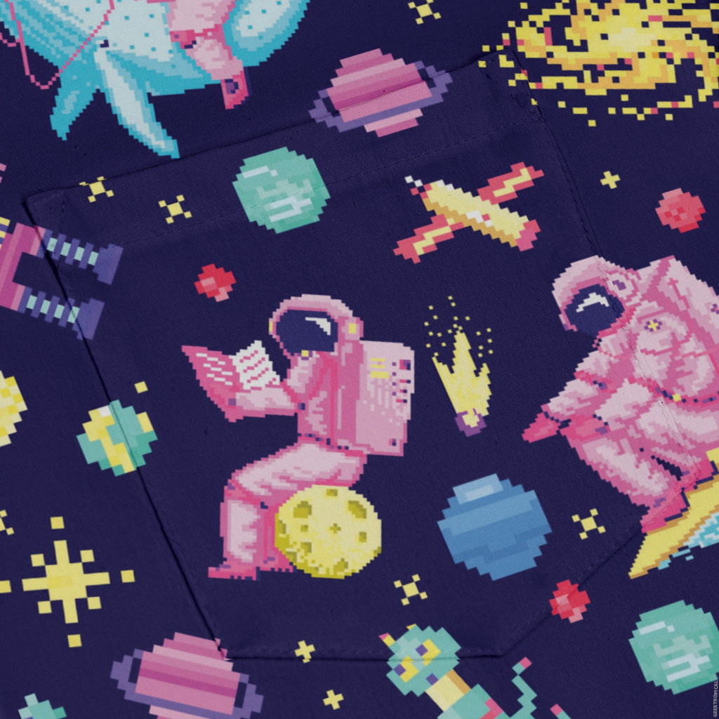 Astronaut Pixels Outer Space Purple Blue Long Sleeve Button Up Shirt