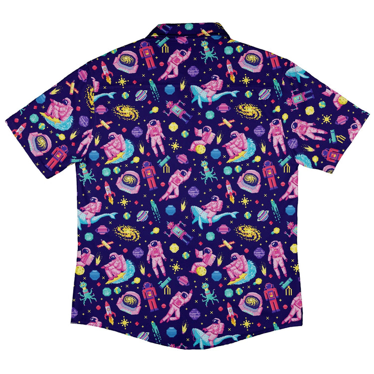 Astronaut Pixels Outer Space Purple Blue Button Up Shirt - adult sizing - Animal Patterns - Maximalist Patterns