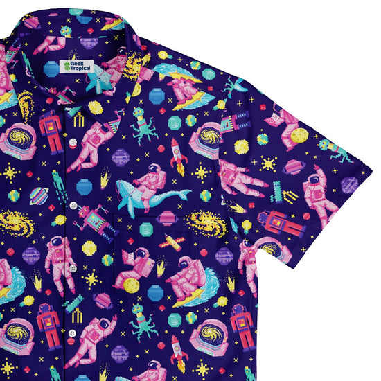 Astronaut Pixels Outer Space Purple Blue Button Up Shirt - adult sizing - Animal Patterns - Maximalist Patterns