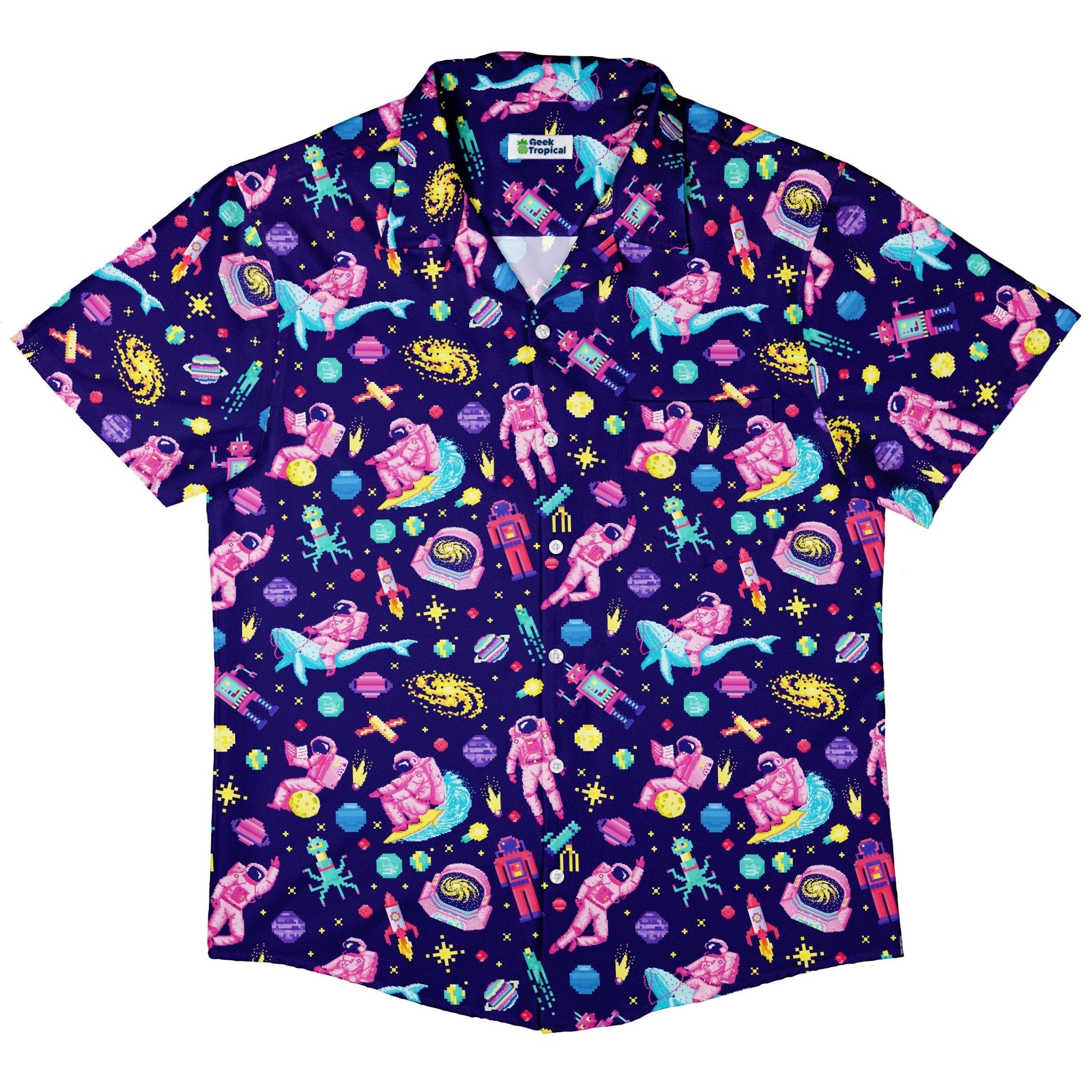 Astronaut Pixels Outer Space Purple Blue Button Up Shirt - adult sizing - Animal Patterns - Maximalist Patterns