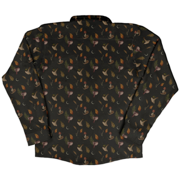 Episodic Autumn Mushrooms Space Long Sleeve Button Up Shirt Geek Nerd adult sizing Botany Print Design by Episodic