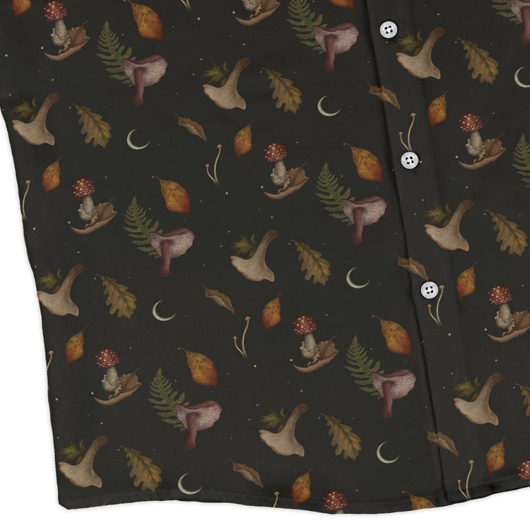 Episodic Autumn Mushrooms Space Long Sleeve Button Up Shirt Geek Nerd adult sizing Botany Print Design by Episodic