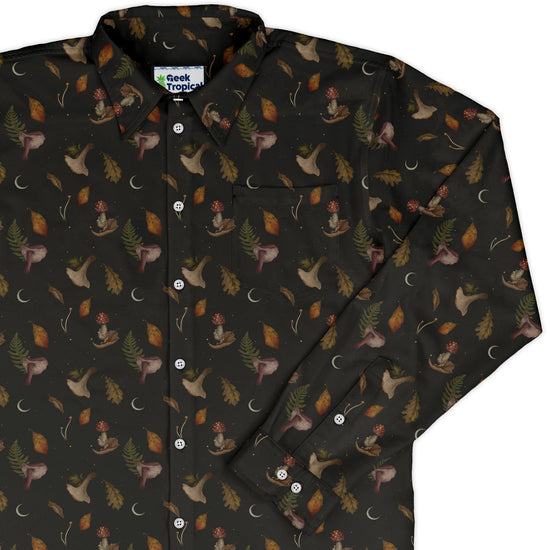 Episodic Autumn Mushrooms Space Long Sleeve Button Up Shirt Geek Nerd adult sizing Botany Print Design by Episodic