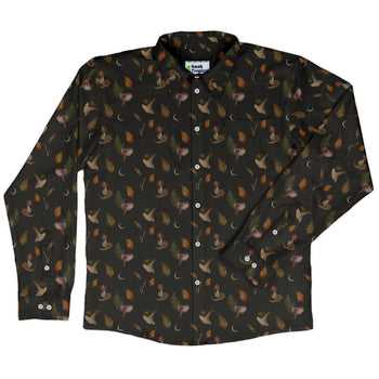 Episodic Autumn Mushrooms Space Long Sleeve Button Up Shirt Geek Nerd adult sizing Botany Print Design by Episodic