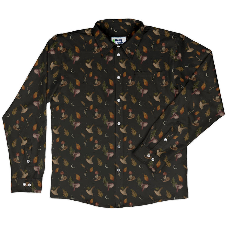 Episodic Autumn Mushrooms Space Long Sleeve Button Up Shirt Geek Nerd adult sizing Botany Print Design by Episodic