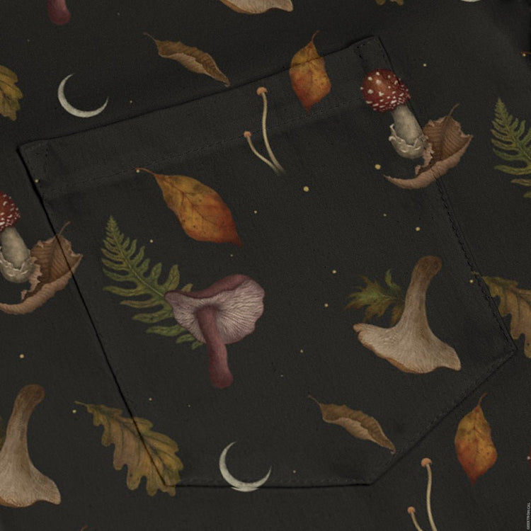 Episodic Autumn Mushrooms Space Long Sleeve Button Up Shirt Geek Nerd adult sizing Botany Print Design by Episodic