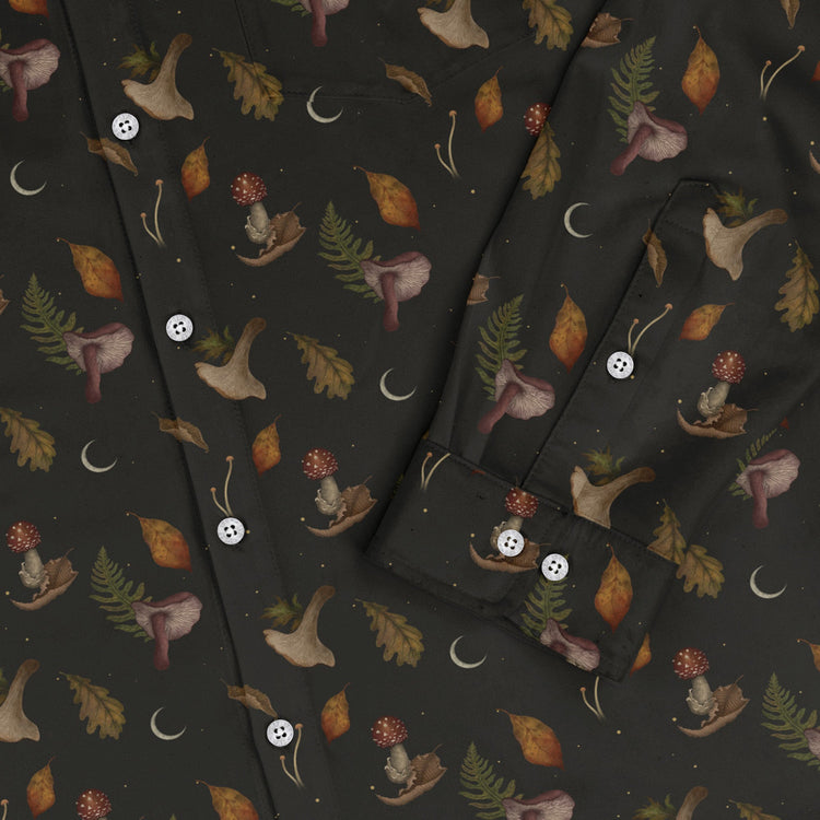 Episodic Autumn Mushrooms Space Long Sleeve Button Up Shirt Geek Nerd adult sizing Botany Print Design by Episodic
