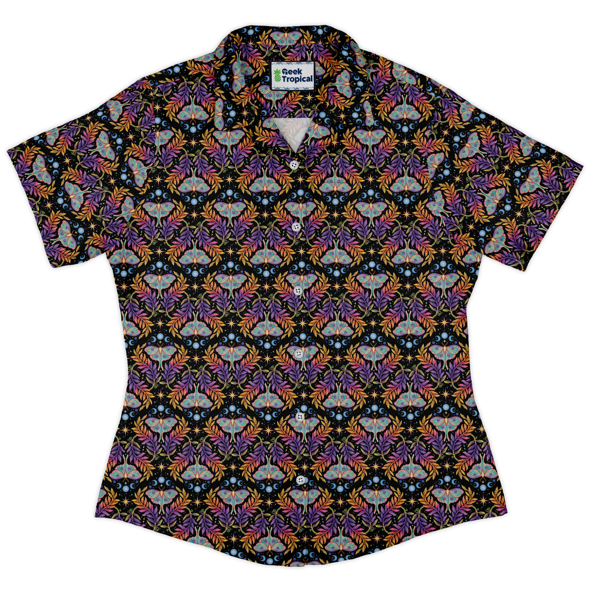 Autumn Luna Moth Curvy Button Up Shirt womens front