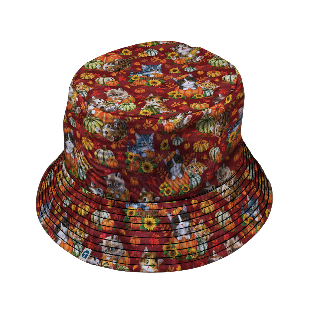 Autumn Pumpkin Kittens Bucket Hat Black Stitching