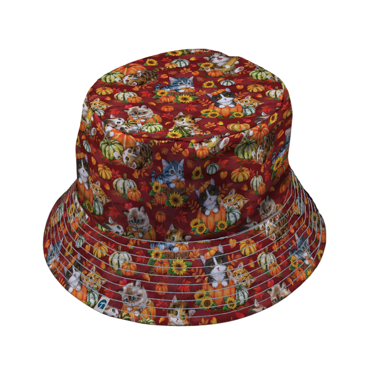 Autumn Pumpkin Kittens Bucket Hat Gray Stitching