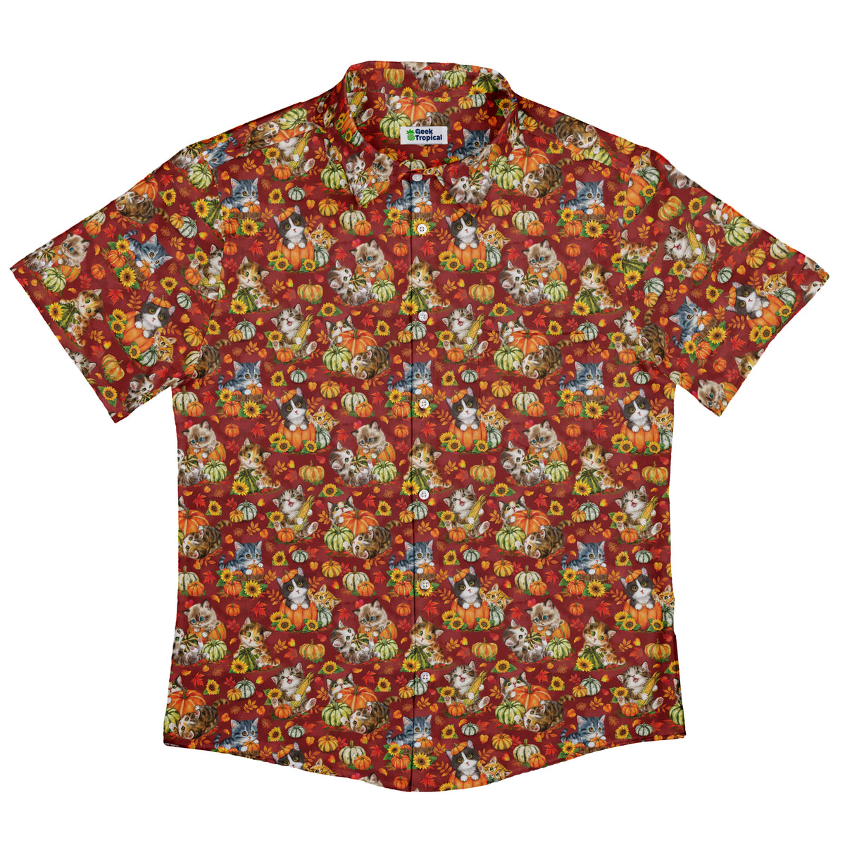 Autumn Pumpkin Kittens Button Up Shirt Flat Front