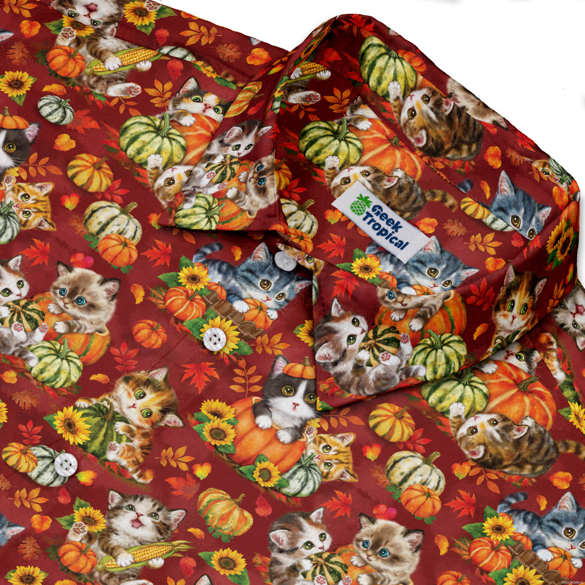 Autumn Pumpkin Kittens Button Up Shirt Neck